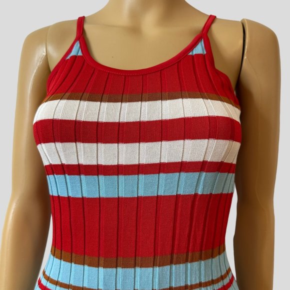 Women Ribbed Woven Bodycon Dress Small S Blue Red White Stretch Wide Stripes - Picture 6 of 15